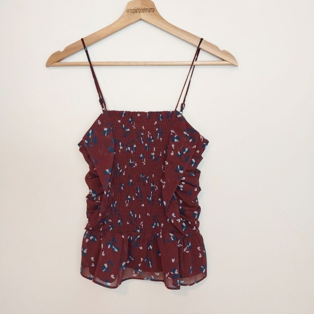 WAYF Devon Smocked Camisole Top Ruffle Burgendy Size XS - Picture 2 of 6